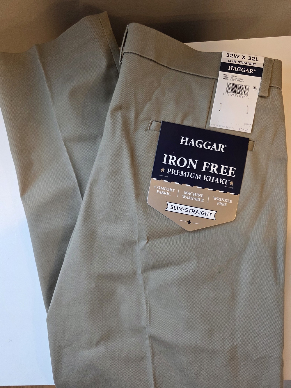 New! Mens 32 X 32 Haggar Dress Pants Slim-Straight Iron Free Chinos - Khaki